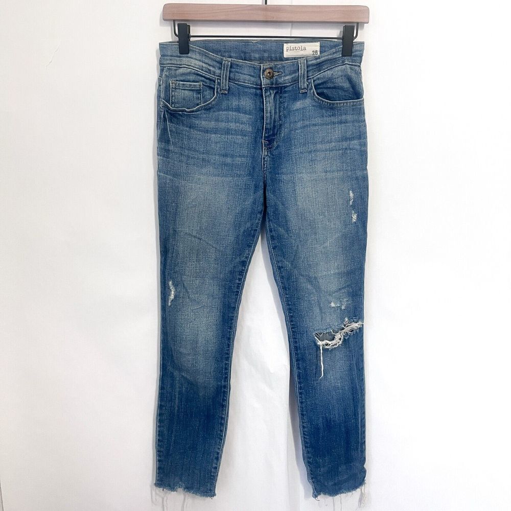 Revolve Pistola Women's Jeans Distressed Size 26 Ankle Blue Slim Leg Mid Rise